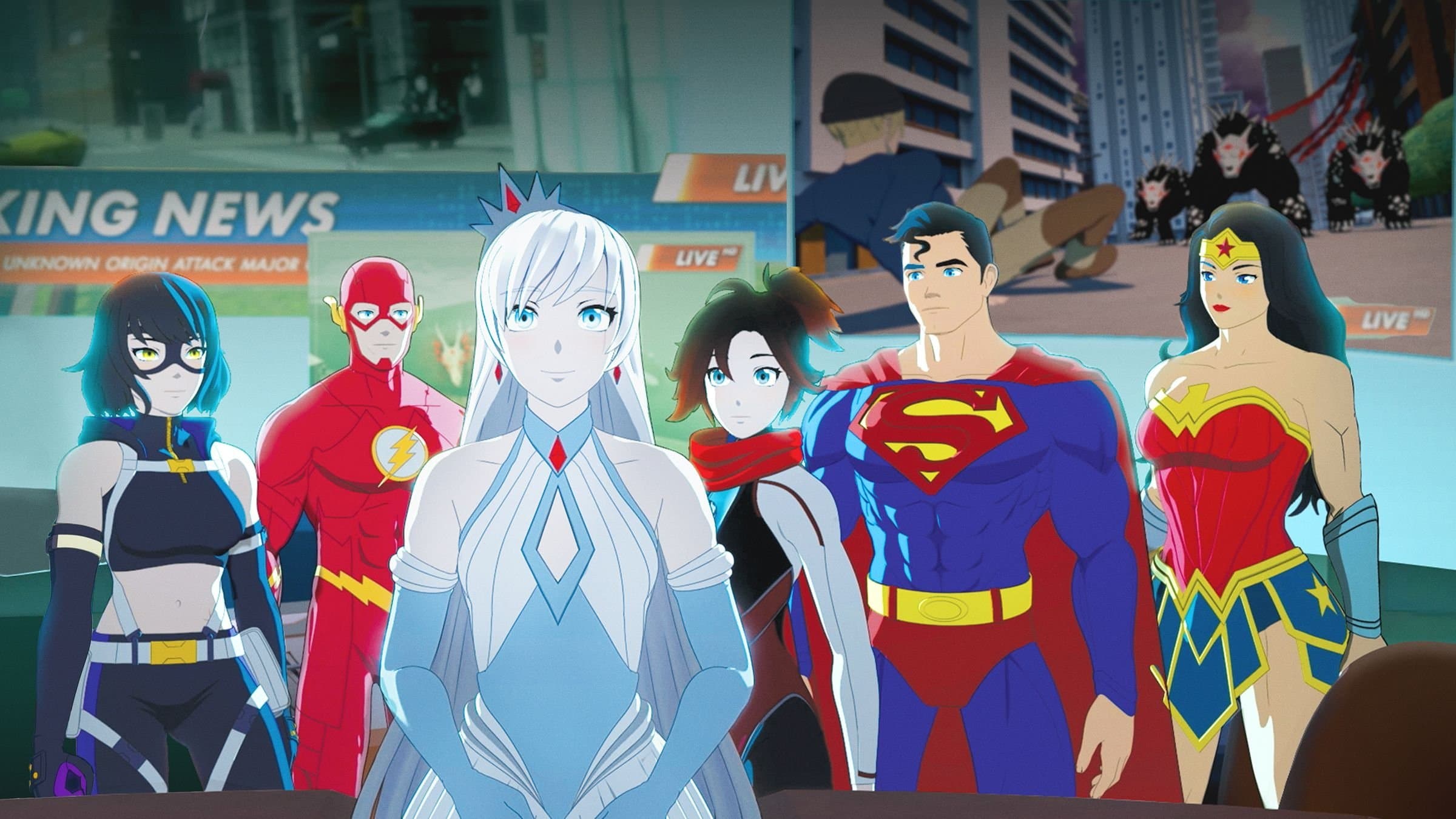 Póster oficial de la película Liga de la Justicia x RWBY: Superhéroes y Cazadores: Parte 2 en alta calidad HD 4K